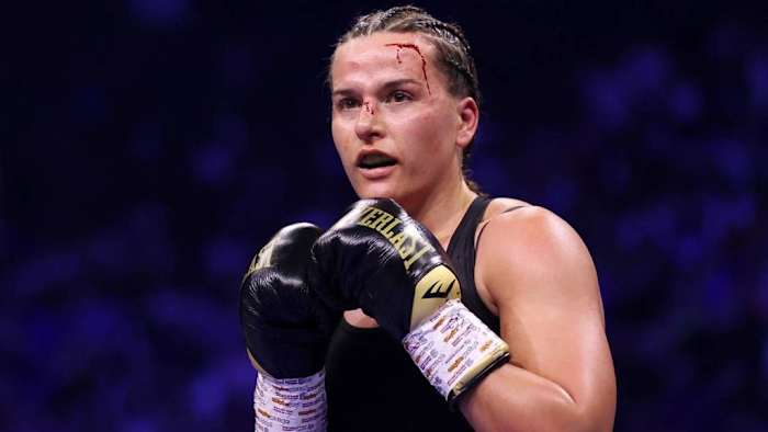 Chantelle Cameron looks on, as a cut on her forehead can be seen, during the IBF, IBO, WBA, WBC and WBO World Super Lightweight Title fight between her and Katie Taylor at The 3Arena Dublin. Trainer Jamie Moore and Cameron have called it quits. JAMES CHANCE/GETTY IMAGES.